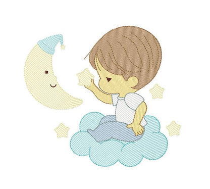 Baby boy with moon and stars embroidery designs - Angel with clouds machine embroidery pattern - Instant digital download pes jef dst hus