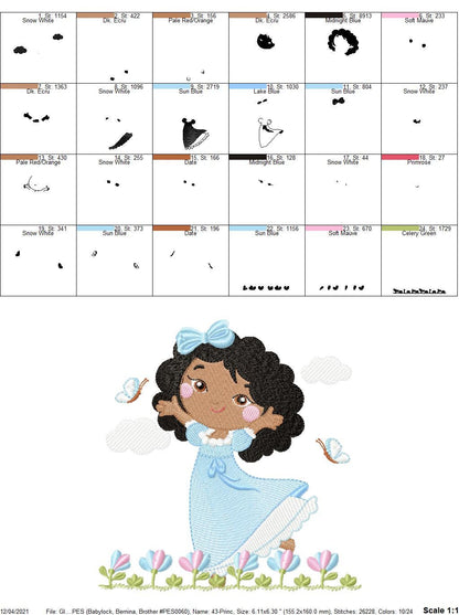 Princess with black curly hair embroidery designs - Girl with long dress machine embroidery pattern - Girl with flowers - Instant download