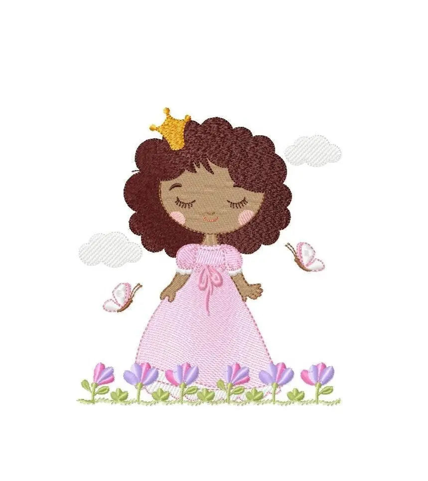 Princess embroidery designs - Baby girl with curly black hair and crown machine embroidery pattern - Girl with flowers - Instant download Marcia Embroidery