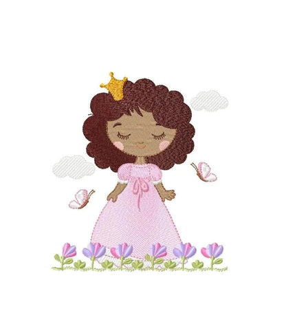 Princess embroidery designs - Baby girl with curly black hair and crown machine embroidery pattern - Girl with flowers - Instant download Marcia Embroidery