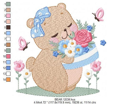 Teddy Bear with flower cake embroidery designs - Bear with bow and flowers embroidery design machine embroidery pattern - Instant download Marcia Embroidery