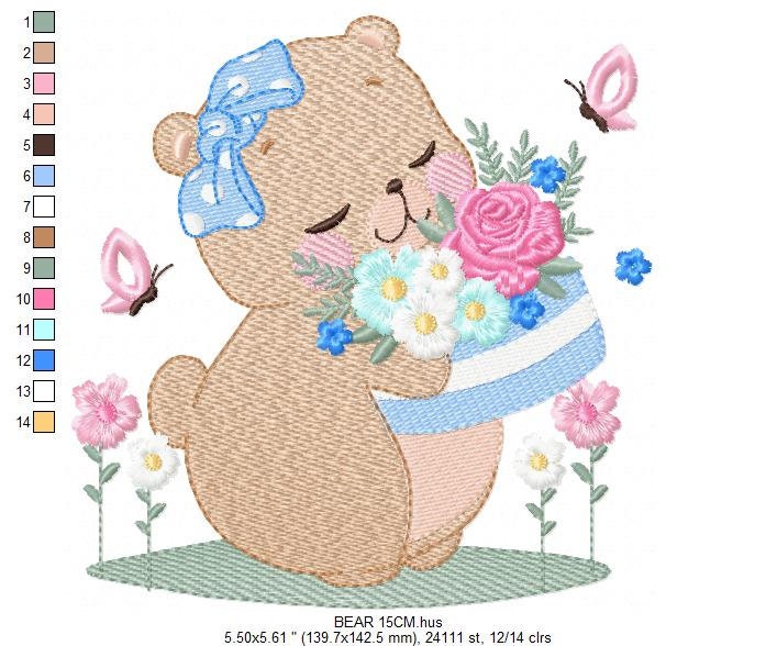 Teddy Bear with flower cake embroidery designs - Bear with bow and flowers embroidery design machine embroidery pattern - Instant download Marcia Embroidery