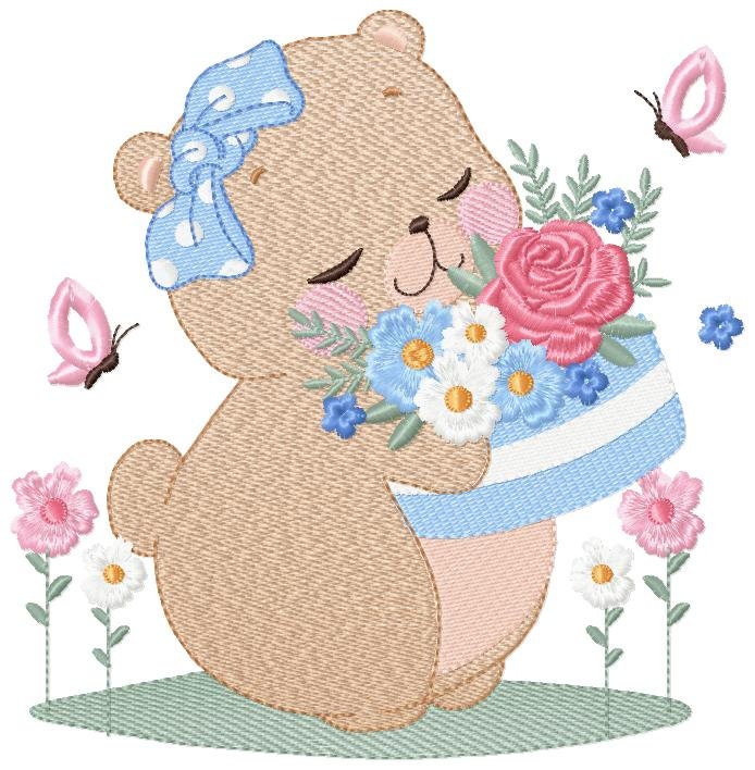 Teddy Bear with flower cake embroidery designs - Bear with bow and flowers embroidery design machine embroidery pattern - Instant download Marcia Embroidery