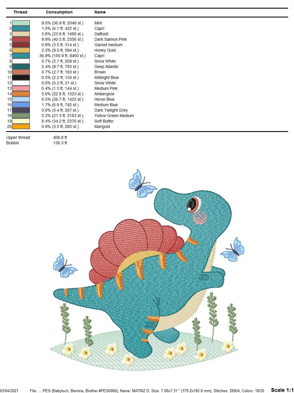 Dinosaur with butterflies embroidery designs - Spinosaurus Dino machine embroidery pattern - Baby boy file - Instant download pes jef dst Marcia Embroidery