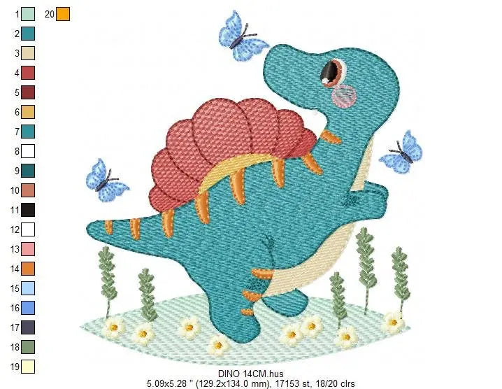 Dinosaur with butterflies embroidery designs - Spinosaurus Dino machine embroidery pattern - Baby boy file - Instant download pes jef dst Marcia Embroidery