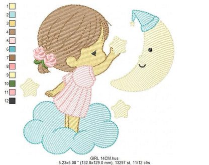 Baby Girl with half moon embroidery designs - Cloud and Moon machine embroidery pattern - Angel with moon file - Instant digital download