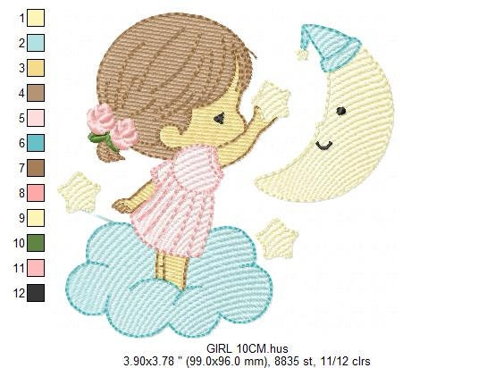Baby Girl with half moon embroidery designs - Cloud and Moon machine embroidery pattern - Angel with moon file - Instant digital download
