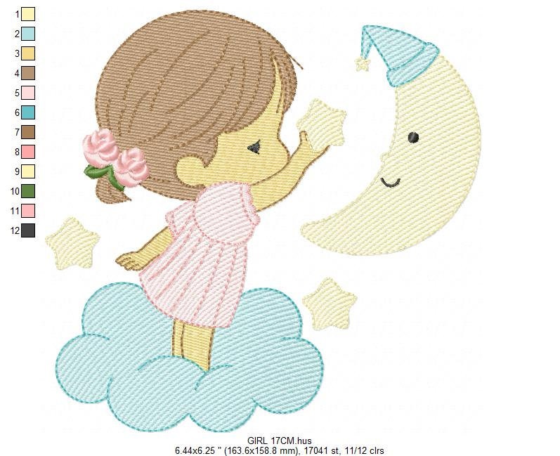 Baby Girl with half moon embroidery designs - Cloud and Moon machine embroidery pattern - Angel with moon file - Instant digital download