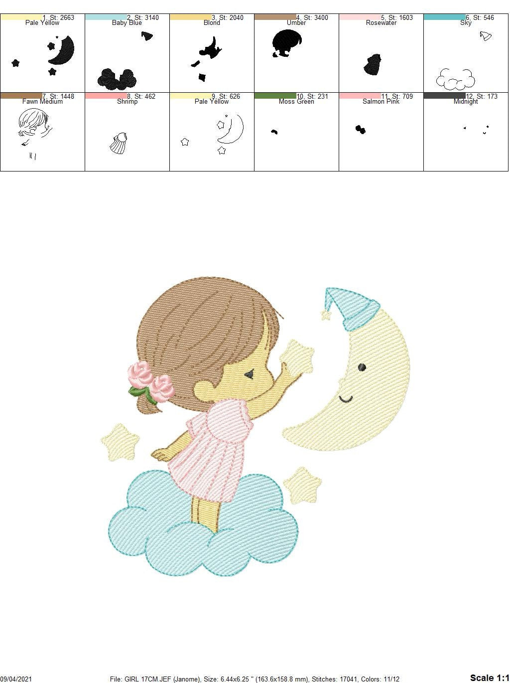 Baby Girl with half moon embroidery designs - Cloud and Moon machine embroidery pattern - Angel with moon file - Instant digital download
