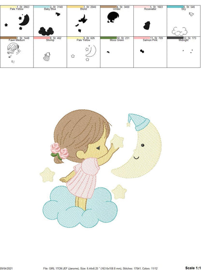 Baby Girl with half moon embroidery designs - Cloud and Moon machine embroidery pattern - Angel with moon file - Instant digital download