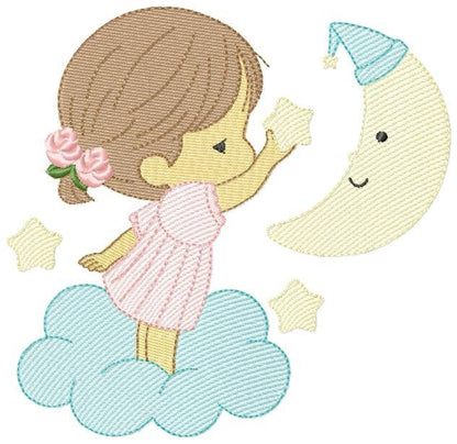 Baby Girl with half moon embroidery designs - Cloud and Moon machine embroidery pattern - Angel with moon file - Instant digital download