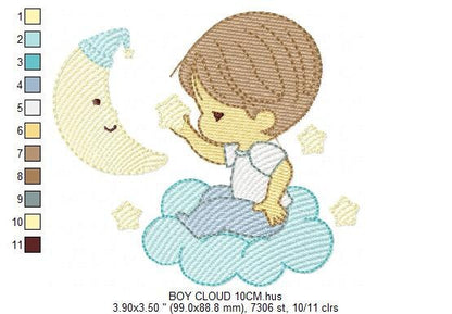 Baby boy with moon and stars embroidery designs - Angel with clouds machine embroidery pattern - Instant digital download pes jef dst hus