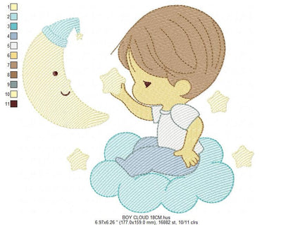 Baby boy with moon and stars embroidery designs - Angel with clouds machine embroidery pattern - Instant digital download pes jef dst hus