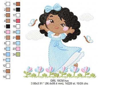 Princess with black curly hair embroidery designs - Girl with long dress machine embroidery pattern - Girl with flowers - Instant download
