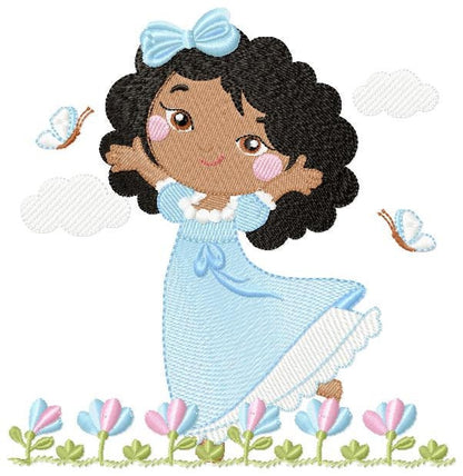 Princess with black curly hair embroidery designs - Girl with long dress machine embroidery pattern - Girl with flowers - Instant download