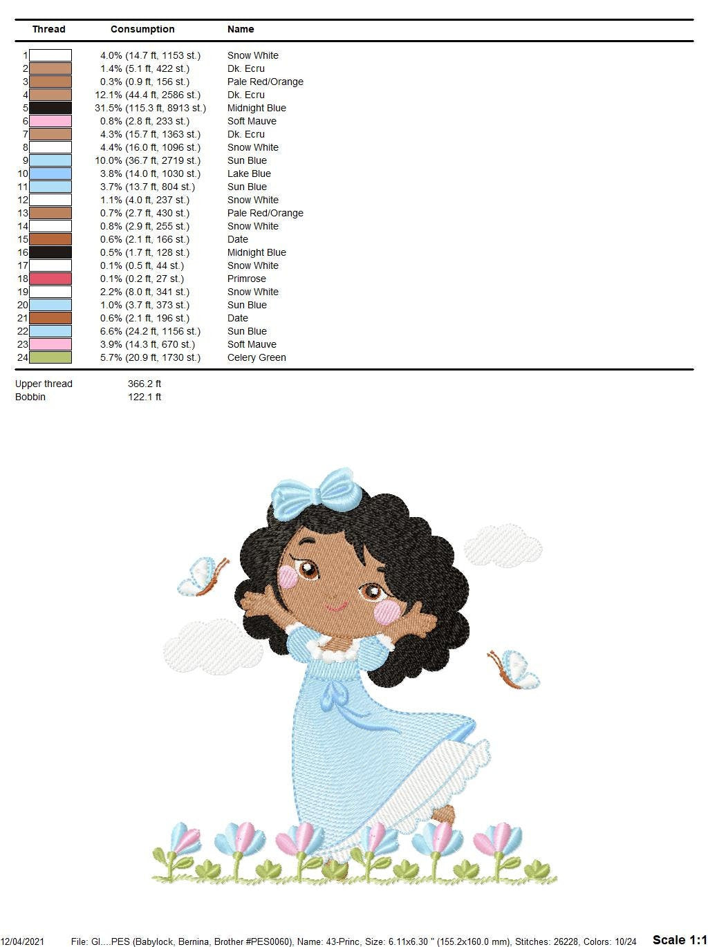 Princess with black curly hair embroidery designs - Girl with long dress machine embroidery pattern - Girl with flowers - Instant download