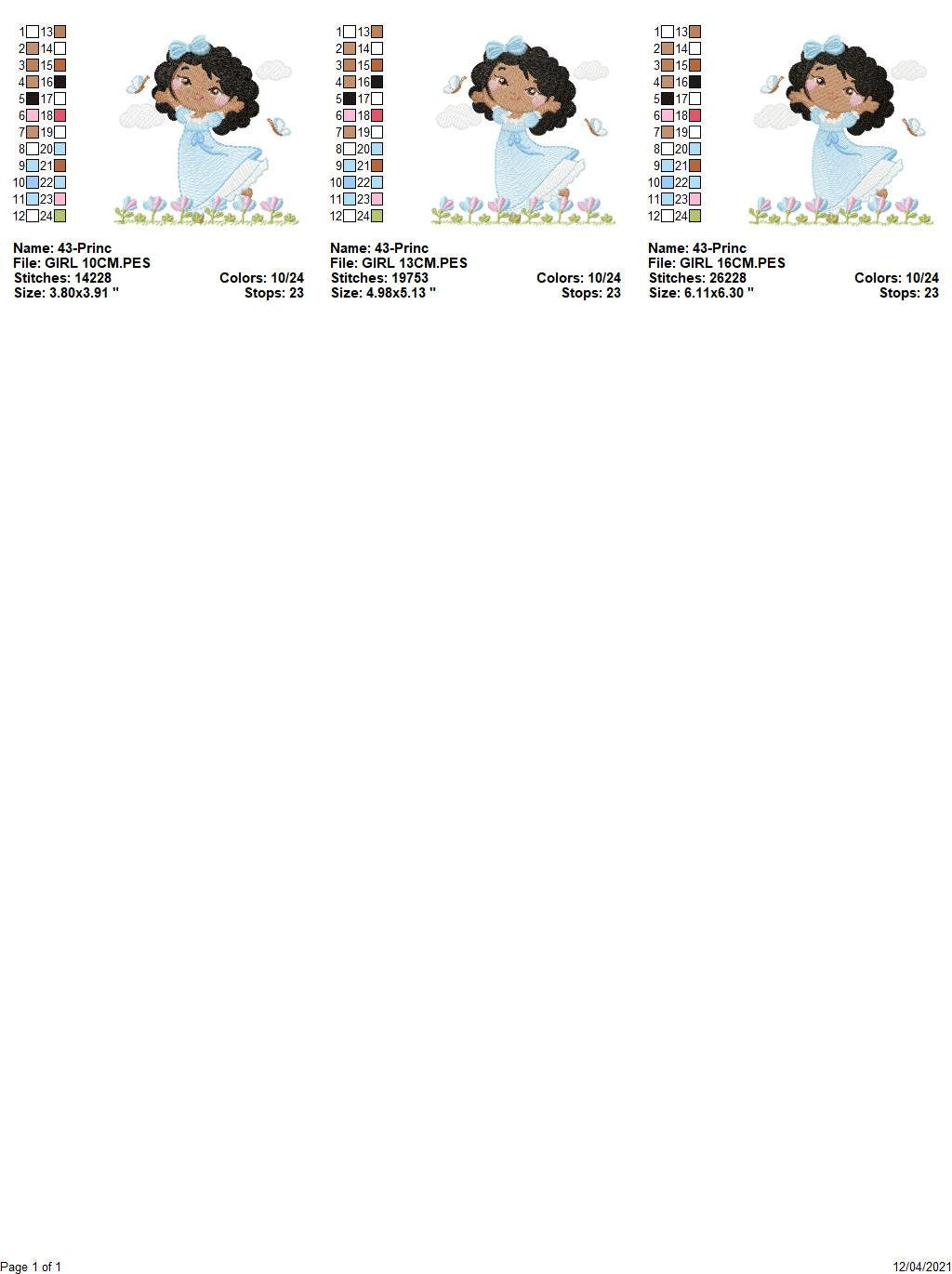 Princess with black curly hair embroidery designs - Girl with long dress machine embroidery pattern - Girl with flowers - Instant download