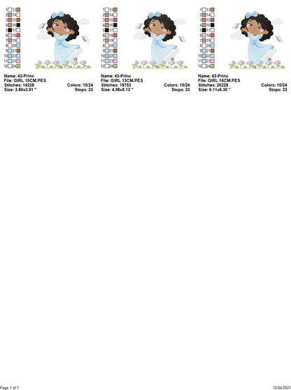 Princess with black curly hair embroidery designs - Girl with long dress machine embroidery pattern - Girl with flowers - Instant download