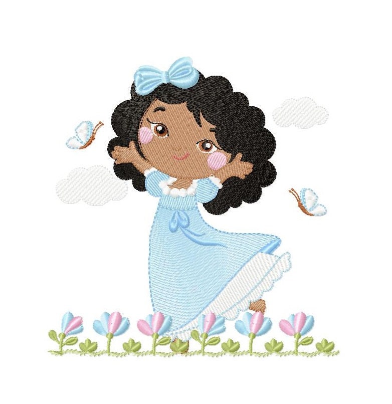 Princess with black curly hair embroidery designs - Girl with long dress machine embroidery pattern - Girl with flowers - Instant download