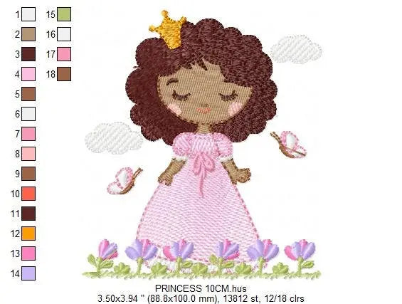 Princess embroidery designs - Baby girl with curly black hair and crown machine embroidery pattern - Girl with flowers - Instant download Marcia Embroidery
