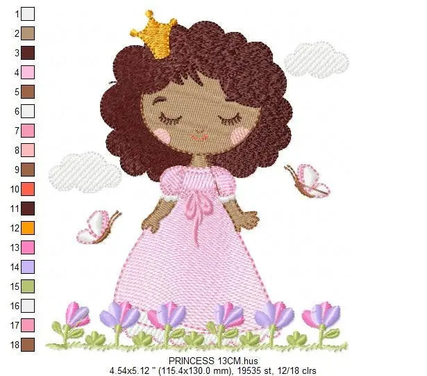 Princess embroidery designs - Baby girl with curly black hair and crown machine embroidery pattern - Girl with flowers - Instant download Marcia Embroidery