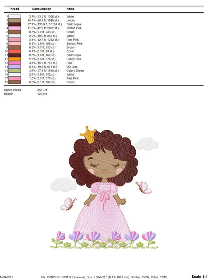Princess embroidery designs - Baby girl with curly black hair and crown machine embroidery pattern - Girl with flowers - Instant download Marcia Embroidery