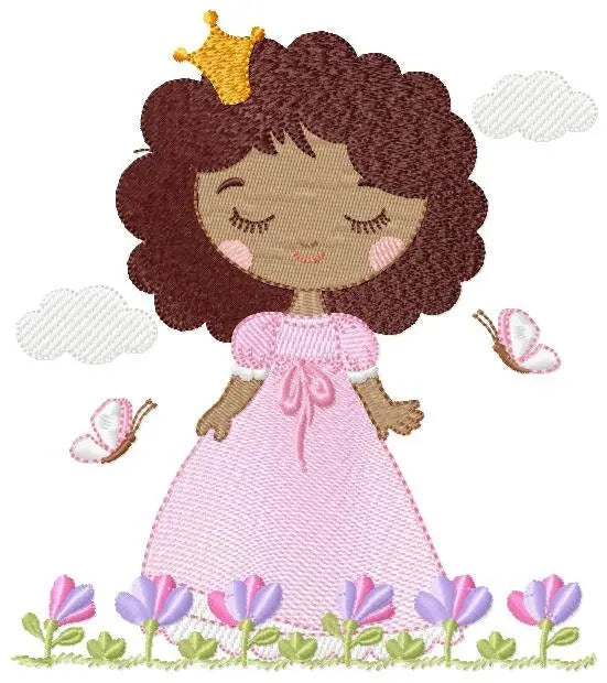 Princess embroidery designs - Baby girl with curly black hair and crown machine embroidery pattern - Girl with flowers - Instant download Marcia Embroidery