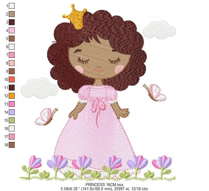 Princess embroidery designs - Baby girl with curly black hair and crown machine embroidery pattern - Girl with flowers - Instant download Marcia Embroidery