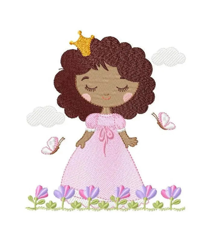 Princess embroidery designs - Baby girl with curly black hair and crown machine embroidery pattern - Girl with flowers - Instant download Marcia Embroidery