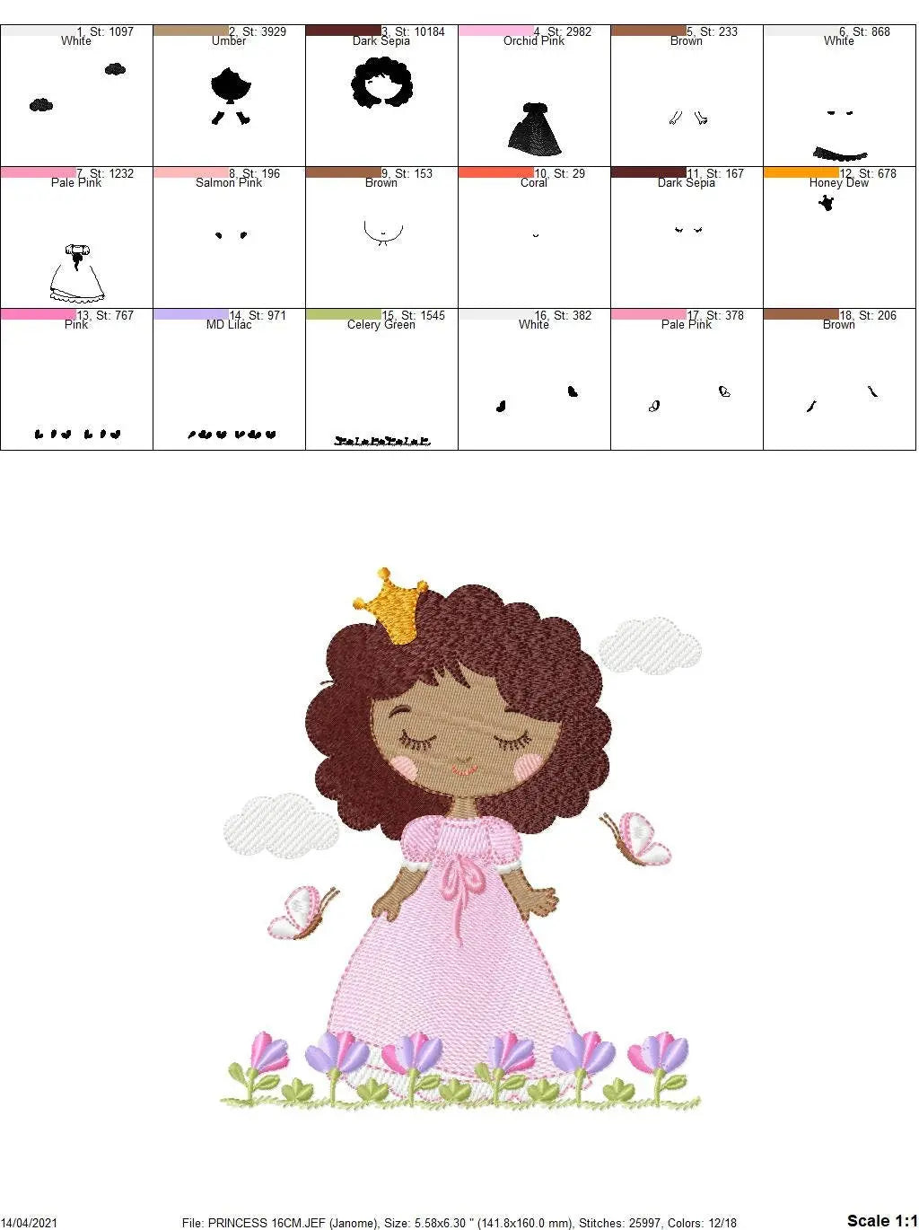 Princess embroidery designs - Baby girl with curly black hair and crown machine embroidery pattern - Girl with flowers - Instant download Marcia Embroidery