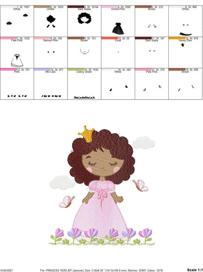 Princess embroidery designs - Baby girl with curly black hair and crown machine embroidery pattern - Girl with flowers - Instant download Marcia Embroidery