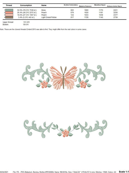 Flower frame embroidery designs - Butterfly embroidery design machine embroidery pattern - Tea towel embroidery file - kitchen cloth pes