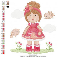 Cargar imagen en el visor de la galería, Baby girl embroidery designs - Children embroidery design machine embroidery pattern - Girl with birds embroidery file - princess embroidery
