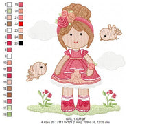 Charger l&#39;image dans la galerie, Baby girl embroidery designs - Children embroidery design machine embroidery pattern - Girl with birds embroidery file - princess embroidery
