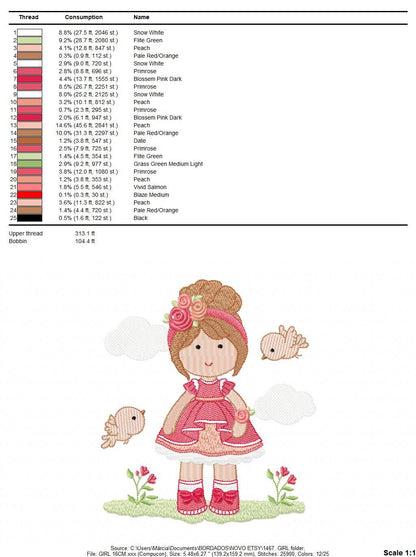 Baby girl embroidery designs - Children embroidery design machine embroidery pattern - Girl with birds embroidery file - princess embroidery