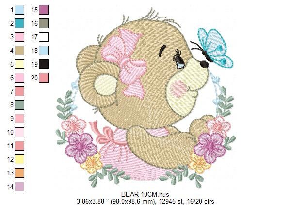 Female Bear embroidery designs - Baby girl embroidery design machine embroidery pattern - Bear with butterfly embroidery file - digital file