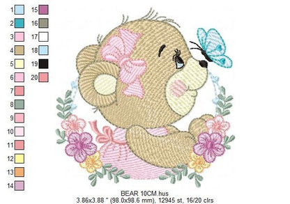 Female Bear embroidery designs - Baby girl embroidery design machine embroidery pattern - Bear with butterfly embroidery file - digital file