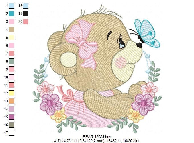 Female Bear embroidery designs - Baby girl embroidery design machine embroidery pattern - Bear with butterfly embroidery file - digital file