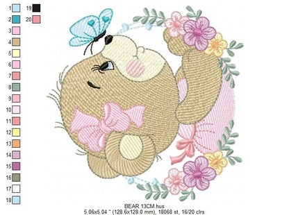 Female Bear embroidery designs - Baby girl embroidery design machine embroidery pattern - Bear with butterfly embroidery file - digital file