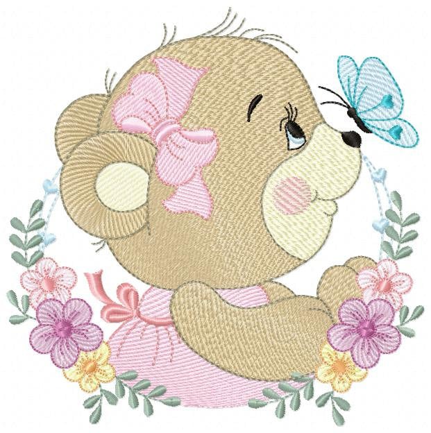 Female Bear embroidery designs - Baby girl embroidery design machine embroidery pattern - Bear with butterfly embroidery file - digital file