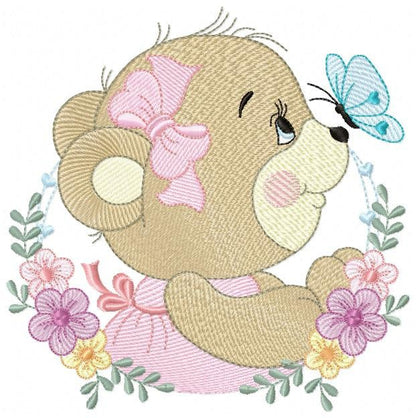 Female Bear embroidery designs - Baby girl embroidery design machine embroidery pattern - Bear with butterfly embroidery file - digital file