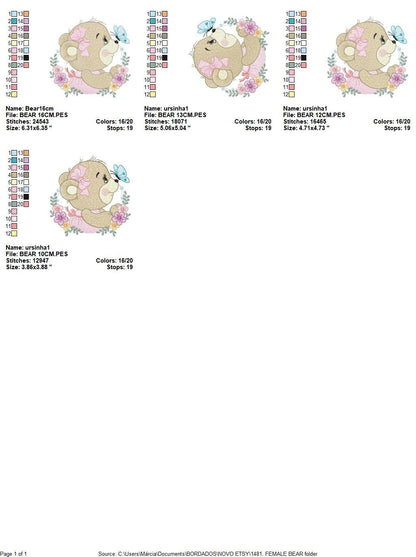 Female Bear embroidery designs - Baby girl embroidery design machine embroidery pattern - Bear with butterfly embroidery file - digital file