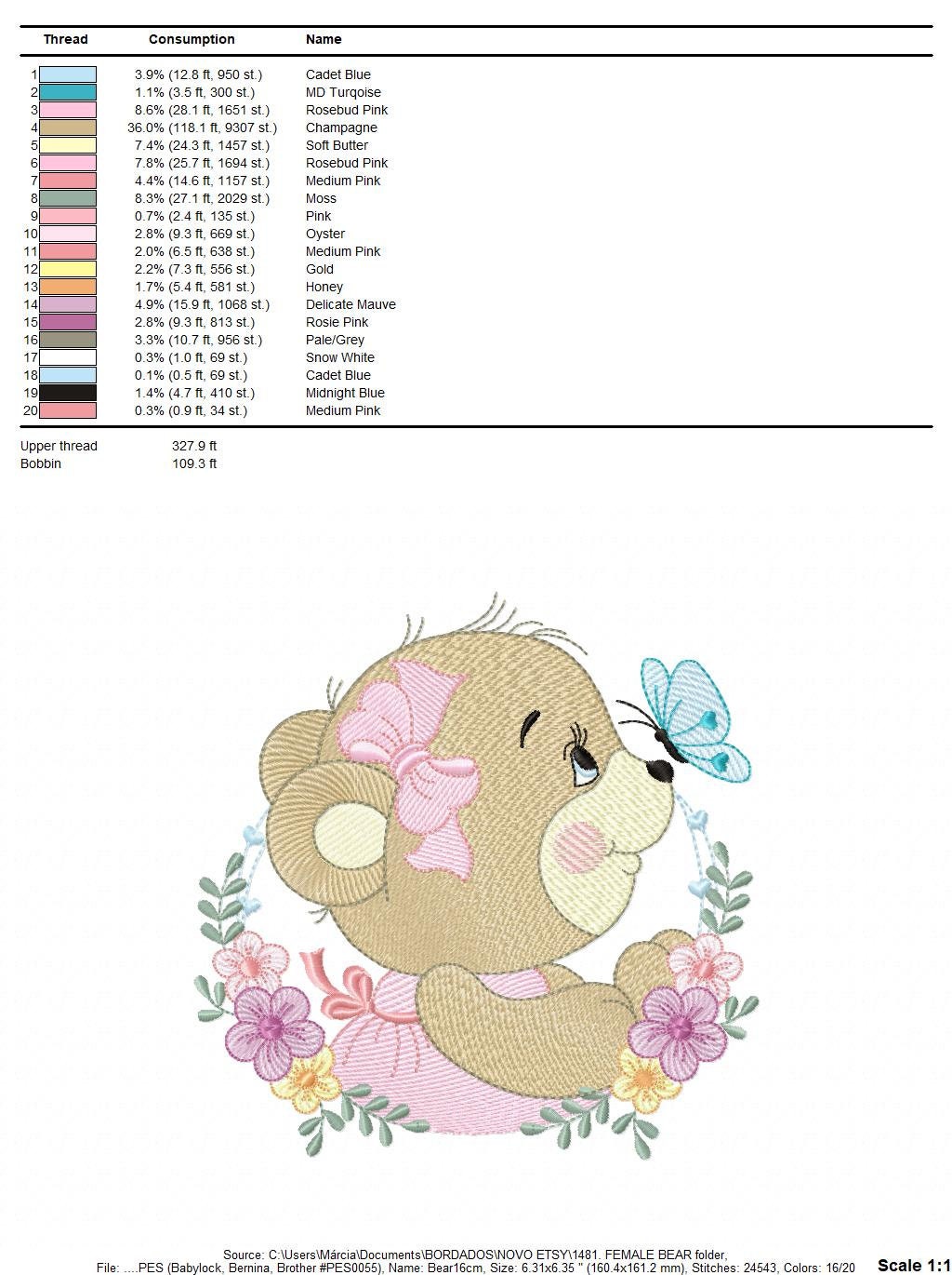 Female Bear embroidery designs - Baby girl embroidery design machine embroidery pattern - Bear with butterfly embroidery file - digital file