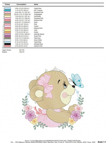 Female Bear embroidery designs - Baby girl embroidery design machine embroidery pattern - Bear with butterfly embroidery file - digital file