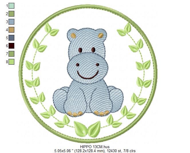 Hippo embroidery designs - Safari embroidery design machine embroidery pattern - Animal embroidery file - Hippo with applique frame pes jef