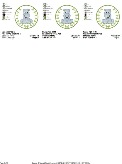 Hippo embroidery designs - Safari embroidery design machine embroidery pattern - Animal embroidery file - Hippo with applique frame pes jef