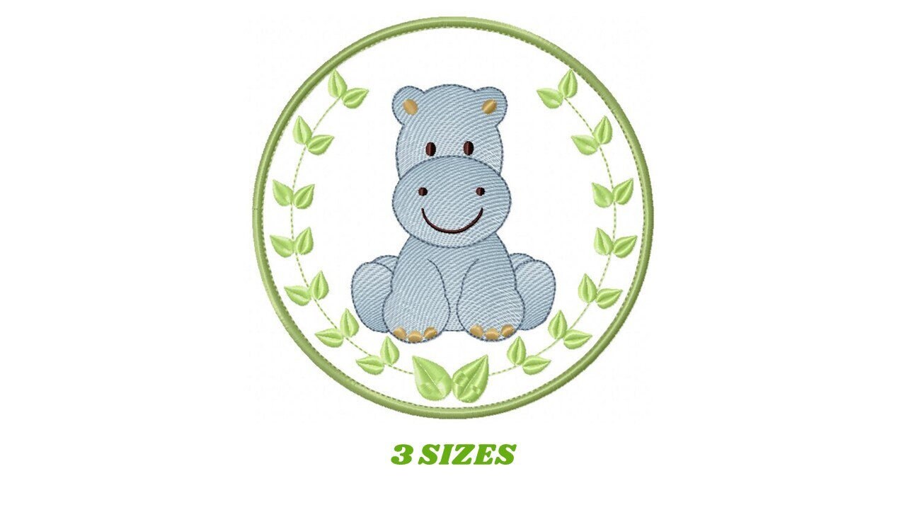 Hippo embroidery designs - Safari embroidery design machine embroidery pattern - Animal embroidery file - Hippo with applique frame pes jef