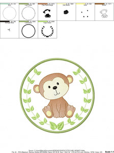 Monkey embroidery designs - Safari embroidery design machine embroidery pattern - Animal embroidery file - Monkey with applique frame pes