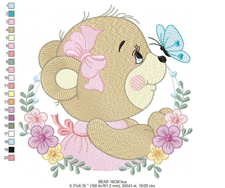 Female Bear embroidery designs - Baby girl embroidery design machine embroidery pattern - Bear with butterfly embroidery file - digital file
