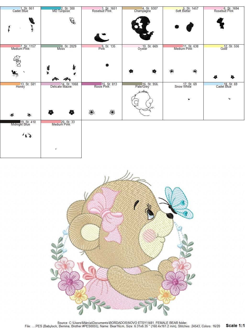 Female Bear embroidery designs - Baby girl embroidery design machine embroidery pattern - Bear with butterfly embroidery file - digital file